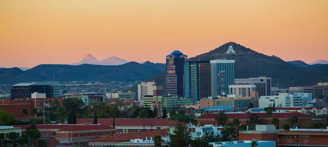 Rooftop view of City of Tucson  and A Mountain (Sentinel Peak) taken at sunrise